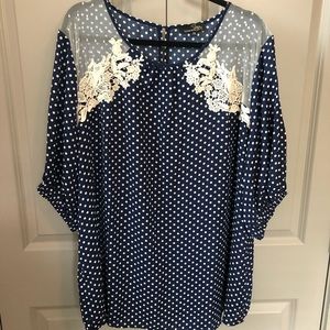 Plus Size Navy Polka-Dot Blouse with Lace Details